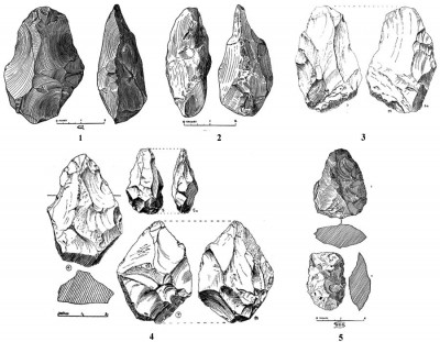 Figure 3. Bifaces as classified and illustrated by Todd: 1) Khandivli: on clay under gravel: hand-axe (Todd 1939: 260, fig. 3); 2) Khandivli: on clay under gravel: rostro-carinate (Todd 1939: fig. 4); 3) handaxe from Bombay (Todd 1932: 37, figs. 3 & 3a); 4) handaxes from Bombay (Todd 1932: 38, figs. 4, 5, 5a, 7 & 7a); 5) Khandivli: handaxe, cleaver (Todd 1939: 263, figs. 7 & 8).