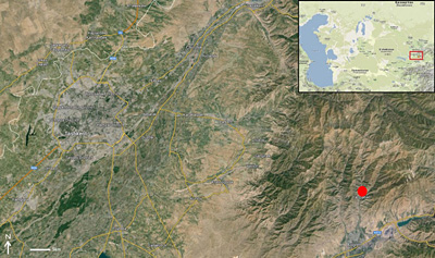Figure 1. Location of the Katta Sai site (red dot) in the Tian Shan piedmont, Uzbekistan. © Google.