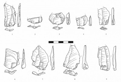 Figure 5. Flake and blade blanks with trapezoidal cross sections and butts in 'chapeaux de gendarme' shape. Drawn by Natalya Vavilina & Patrycja Danyło.