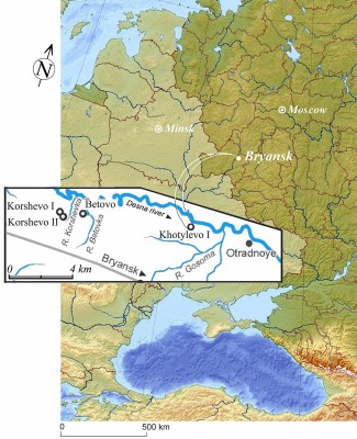 Figure 1. Location of Khotylevo 1 and other Middle Paleolithic sites (open circles) of the Upper Desna region.