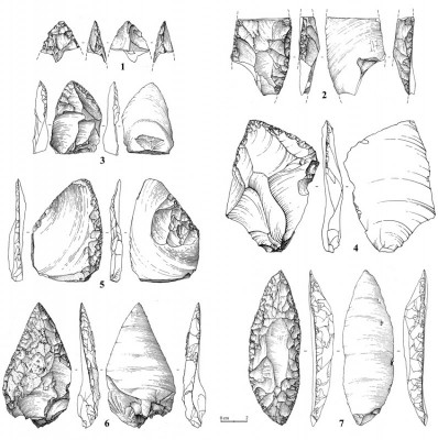 Figure 4. Khotylevo 1, trench 6-2, cultural horizon 1, tools: 1) distal tip of a biface (see also Figure 5c); 2) double sidescraper; 3 & 4) convergent sidescrapers; 5) debitage-backed unifacial knife/sidescraper combined with a truncated-faceted element; 6) retouched Mousterian point (see also Figure 5b); 7) limace (see also Figure 5a).