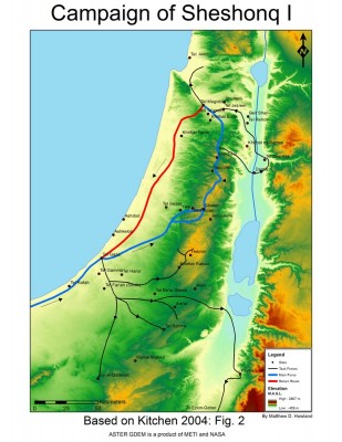 Figure 3. Map of Sheshonq I campaign in the southern Levant (map by Matt Howland, UC San Diego).