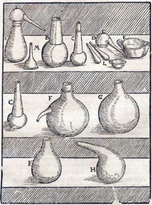 Figure 2. Part of the equipment of a 16th century laboratory as depicted in Lazarus Ercker's <em>Treatise on Ores and Assaying</em> (Sisco & Smith 1951: 142).