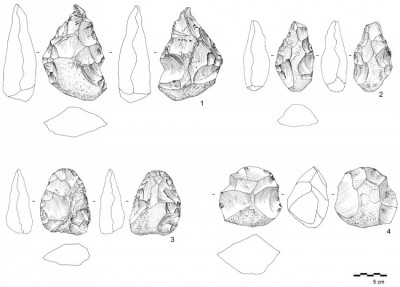 Figure 6. Lower Palaeolithic artefacts from RK.4 and RK.5, including: 1–3) Acheulean handaxes; and 4) discoidal core.