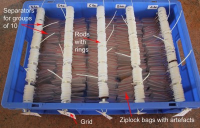 Figure 2. Close-up of a crate, showing details of the arrangement of artefacts and components used in this method.